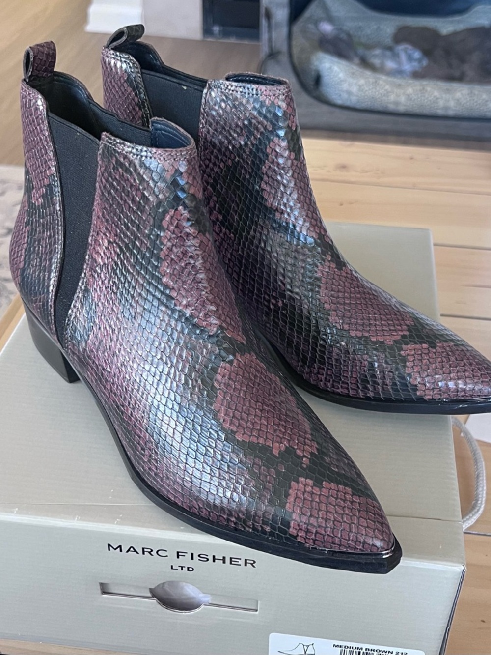 Marc Fisher Burgundy Snake-Print Pointed Chelsea Booties